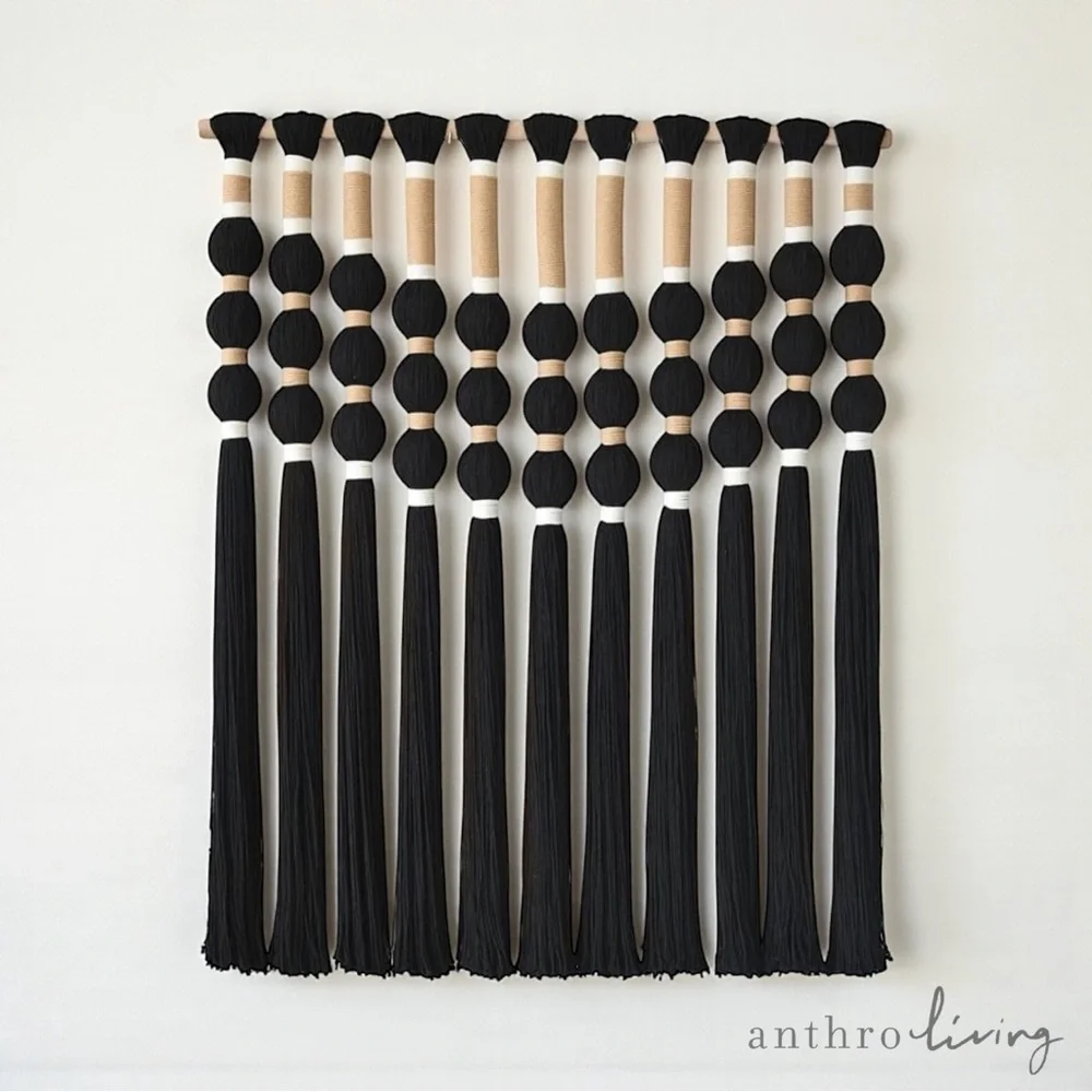 NEW Anthropologie XL Boho Black Ball Tassel Tapestry Woven Wall Hanging - 33